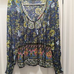 Shein Navy Floral Long-Sleeve Peasant Blouse
